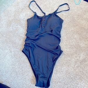 SUMMER Mae One Piece Swimsuit Blue Ribbed Buttons Size M NWT